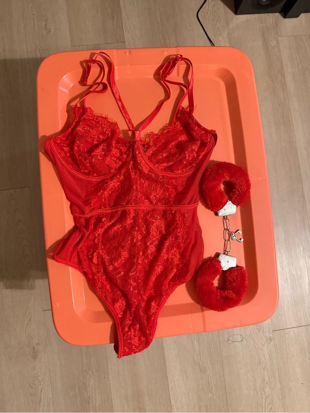 Charlotte Russe Red Lace Teddy Bodysuit with Fuzzy Handcuffs